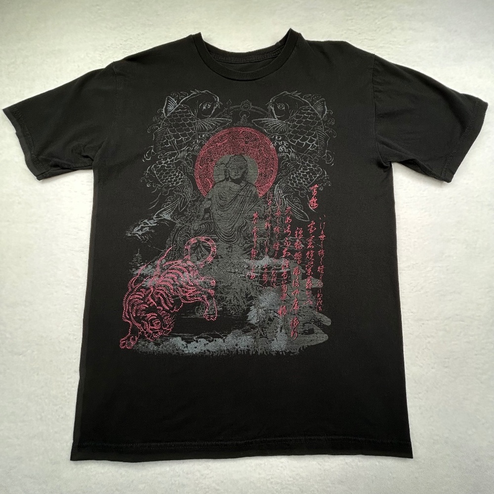 Departed Japanese graphic T-shirt Black Embroidered Tiger Buddha Koi Fish Medium